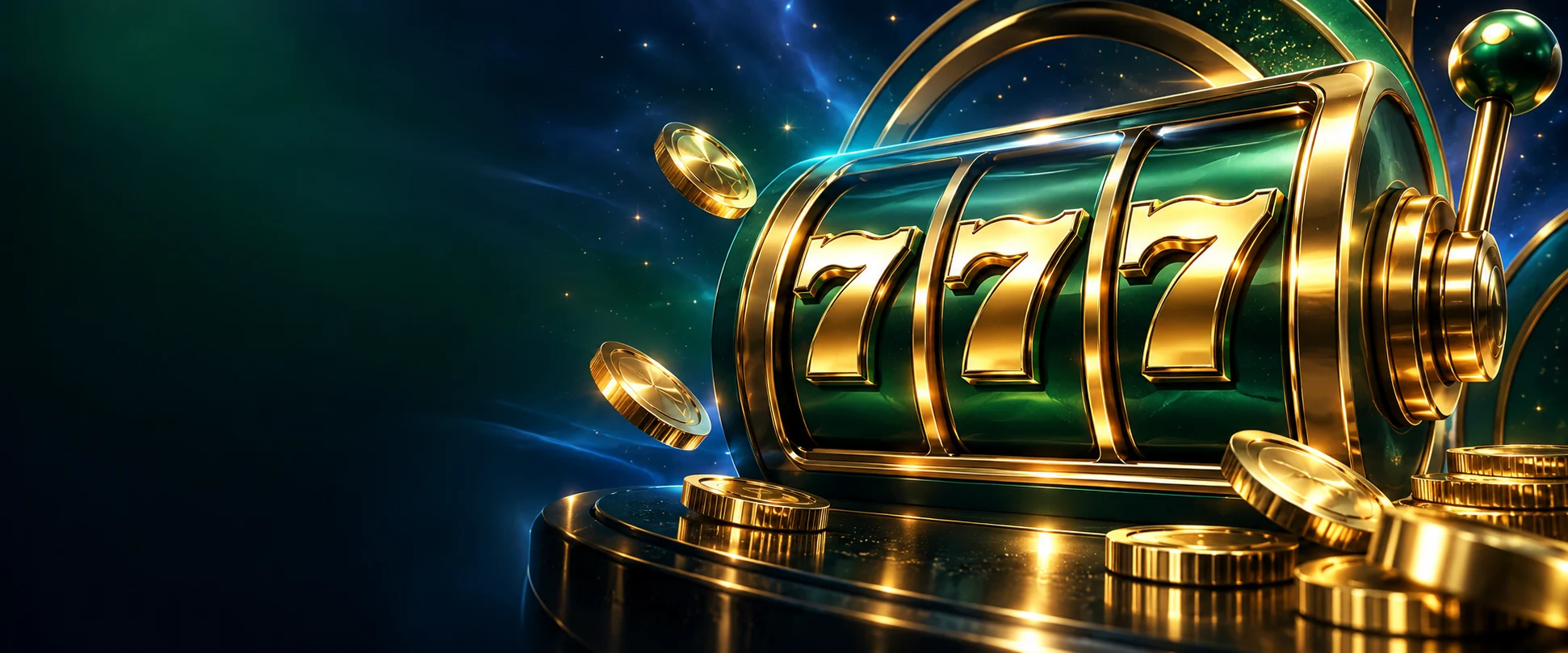 Ilustração decorativa de rolos 777 dourados sobre fundo verde e azul